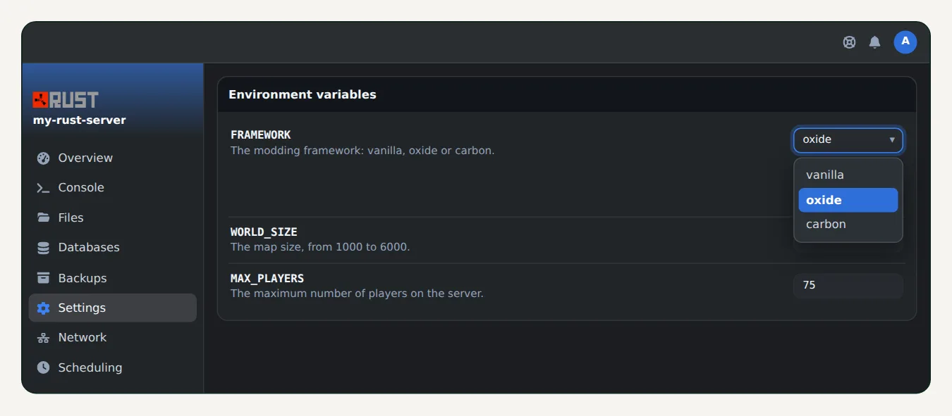 Rust server settings in OuiPanel, FRAMEWORK list open on vanilla, oxide and carbon