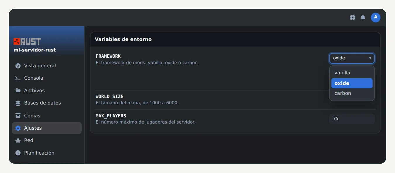 Ajustes de un servidor Rust en OuiPanel, lista FRAMEWORK abierta con vanilla, oxide y carbon