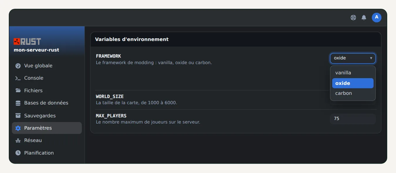 Paramètres d'un serveur Rust sur OuiPanel, liste FRAMEWORK ouverte sur vanilla, oxide et carbon
