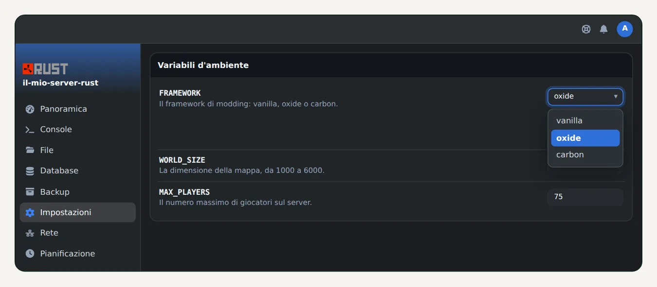 Impostazioni di un server Rust su OuiPanel, elenco FRAMEWORK aperto su vanilla, oxide e carbon