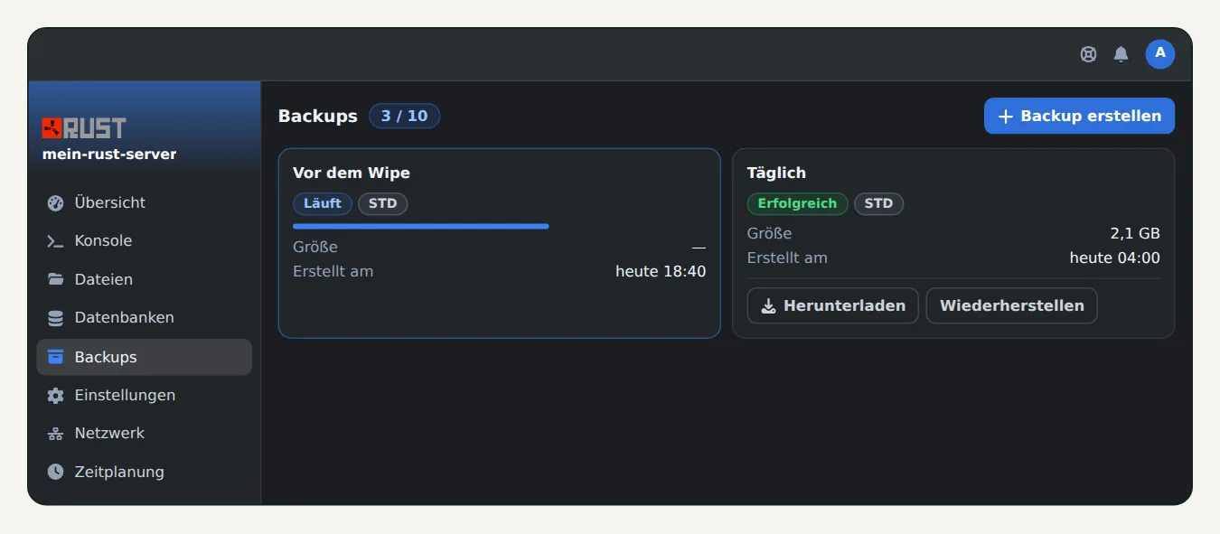 Backup-Seite von OuiPanel mit einem laufenden Backup Vor dem Wipe auf einem Rust Server