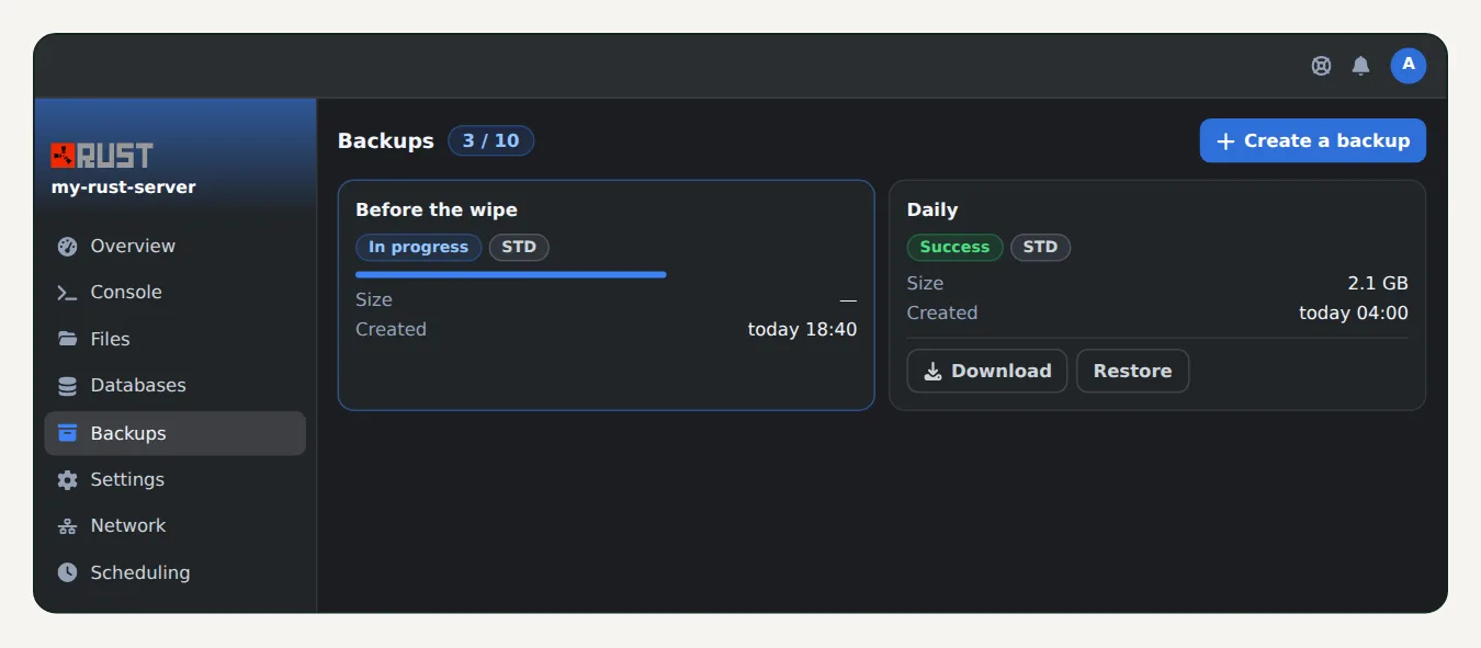 OuiPanel Backups page with a Before the wipe backup in progress on a Rust server