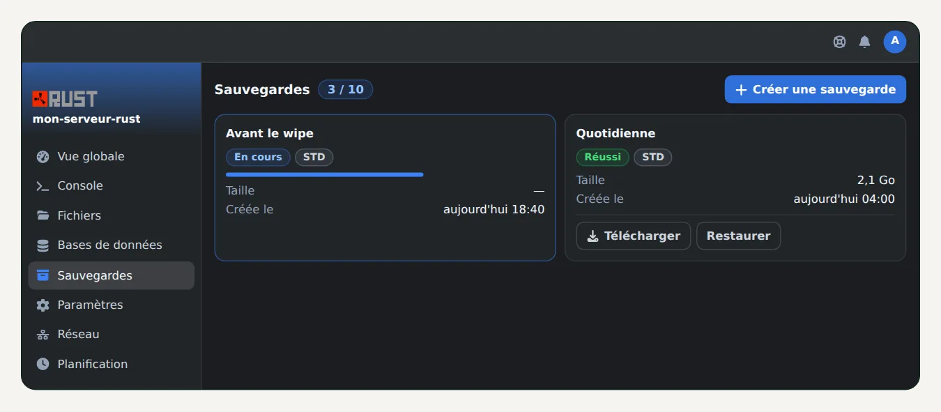 Page Sauvegardes d'OuiPanel avec une sauvegarde Avant le wipe en cours sur un serveur Rust