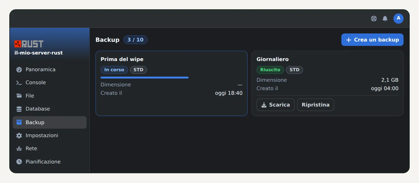 Pagina Backup di OuiPanel con un backup Prima del wipe in corso su un server Rust