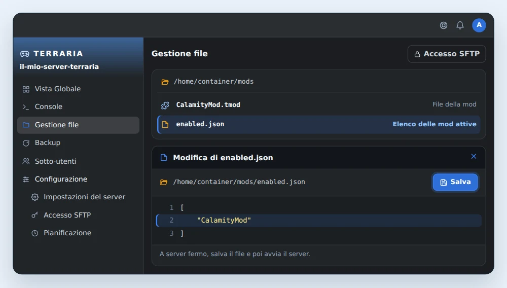 Gestione file di OuiPanel nella cartella mods di un server tModLoader, con CalamityMod.tmod ed enabled.json, ed enabled.json aperto nell'editor con la mod CalamityMod attiva