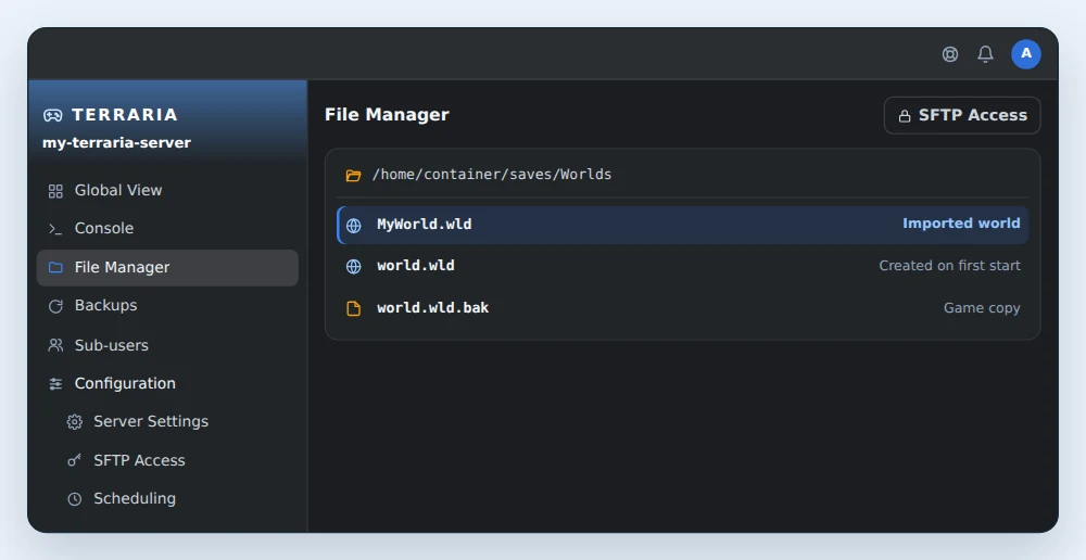 OuiPanel File Manager on the saves/Worlds folder of a vanilla Terraria server, with the imported world MyWorld.wld, the world.wld world created on first start and its world.wld.bak copy