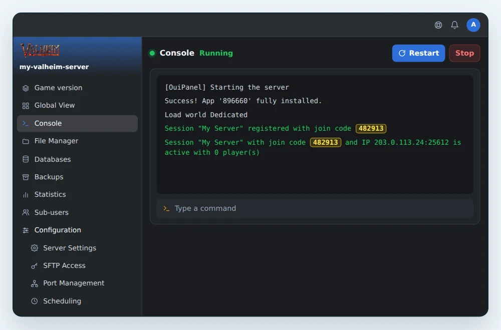 OuiPanel console of a Valheim server at startup, with the two Session lines and the 6-digit join code highlighted