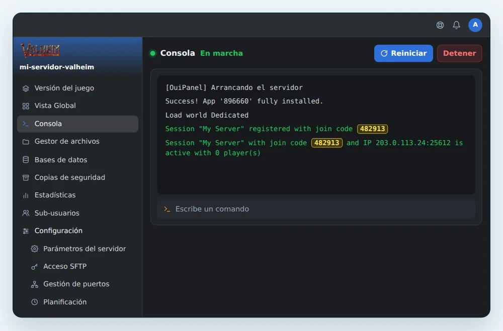 Consola de OuiPanel al arrancar un servidor Valheim, con las dos líneas Session y el código de 6 cifras resaltado