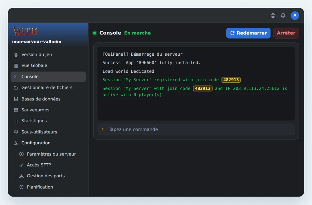 Console d'OuiPanel au démarrage d'un serveur Valheim, avec les deux lignes Session et le code à 6 chiffres mis en évidence