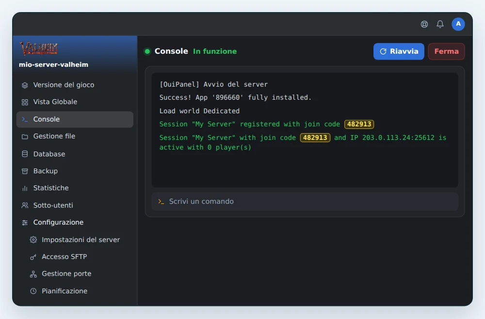 Console di OuiPanel all'avvio di un server Valheim, con le due righe Session e il codice a 6 cifre evidenziato