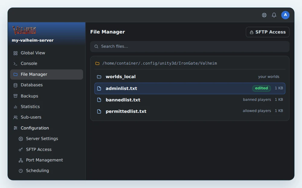 OuiPanel File Manager open on the Valheim game folder, with the adminlist.txt file selected