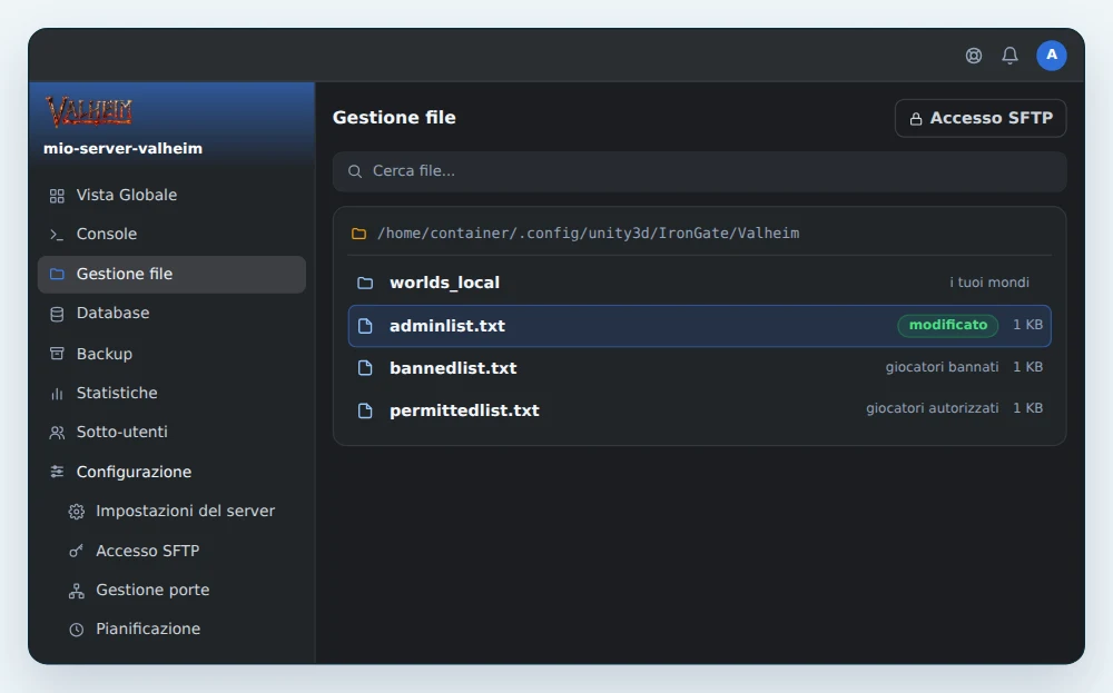 Gestione file di OuiPanel aperta sulla cartella del gioco Valheim, con il file adminlist.txt selezionato
