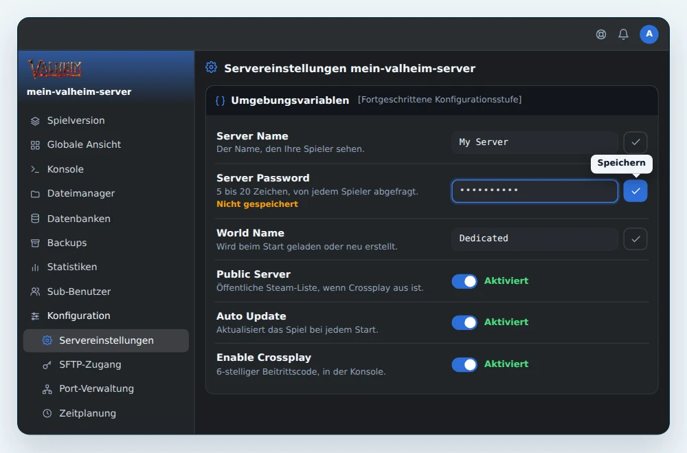 Karte Umgebungsvariablen eines Valheim-Servers in OuiPanel, mit Server Name, dem neuen Server Password bereit zum Speichern, World Name, Public Server, Auto Update und Enable Crossplay