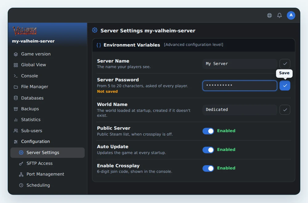 Environment Variables card of a Valheim server in OuiPanel, with Server Name, the new Server Password ready to be saved, World Name, Public Server, Auto Update and Enable Crossplay