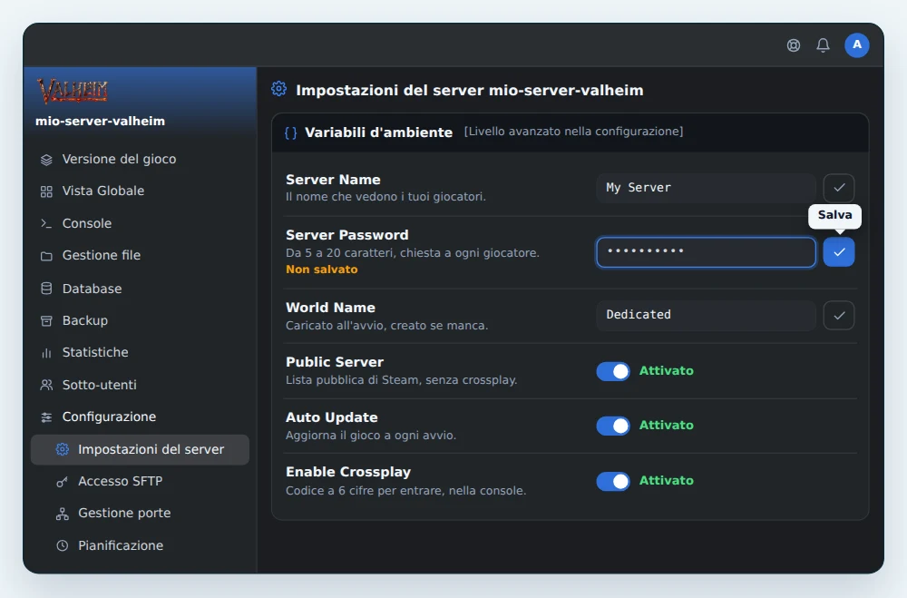 Scheda Variabili d'ambiente di un server Valheim in OuiPanel, con Server Name, la nuova Server Password pronta da salvare, World Name, Public Server, Auto Update e Enable Crossplay