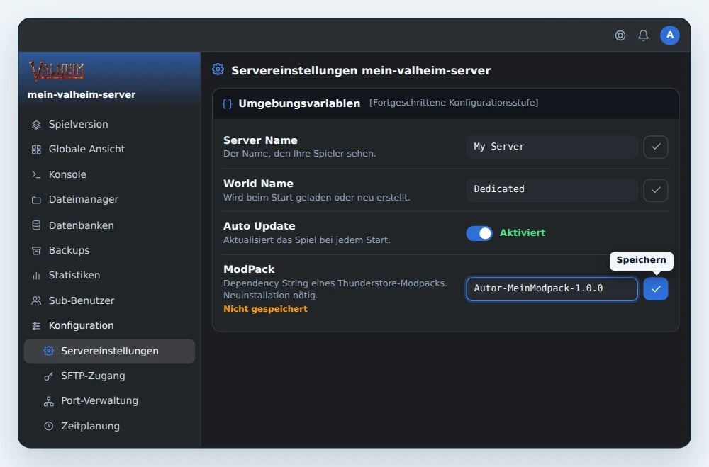 Karte Umgebungsvariablen eines Valheim-BepInEx-Servers in OuiPanel, mit dem Dependency string eines Modpacks in ModPack, bereit zum Speichern