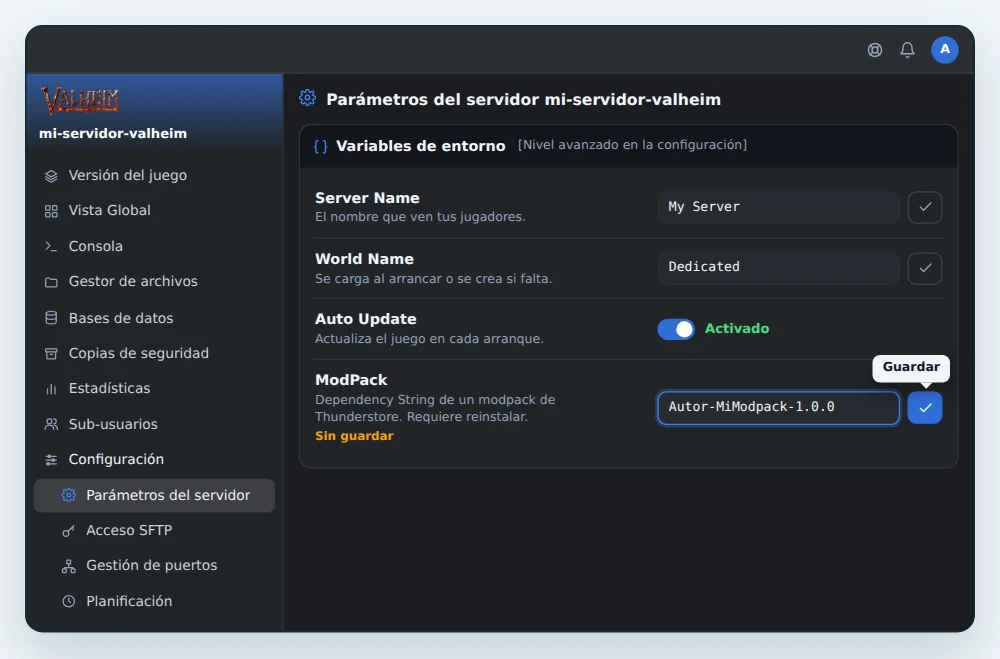 Tarjeta Variables de entorno de un servidor Valheim BepInEx en OuiPanel, con la Dependency string de un modpack escrita en ModPack, lista para guardar