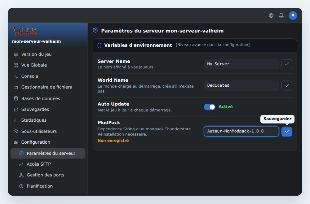 Carte Variables d'environnement d'un serveur Valheim BepInEx dans OuiPanel, avec la Dependency string d'un modpack saisie dans ModPack, prête à être sauvegardée