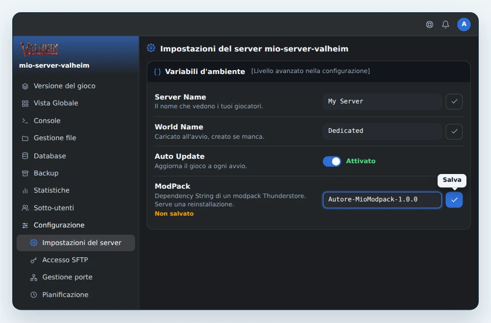 Scheda Variabili d'ambiente di un server Valheim BepInEx in OuiPanel, con la Dependency string di un modpack inserita in ModPack, pronta da salvare
