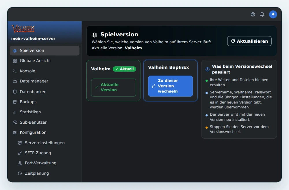 Seite Spielversion in OuiPanel, mit Valheim als aktueller Version und der Schaltfläche Zu dieser Version wechseln auf der Karte Valheim BepInEx