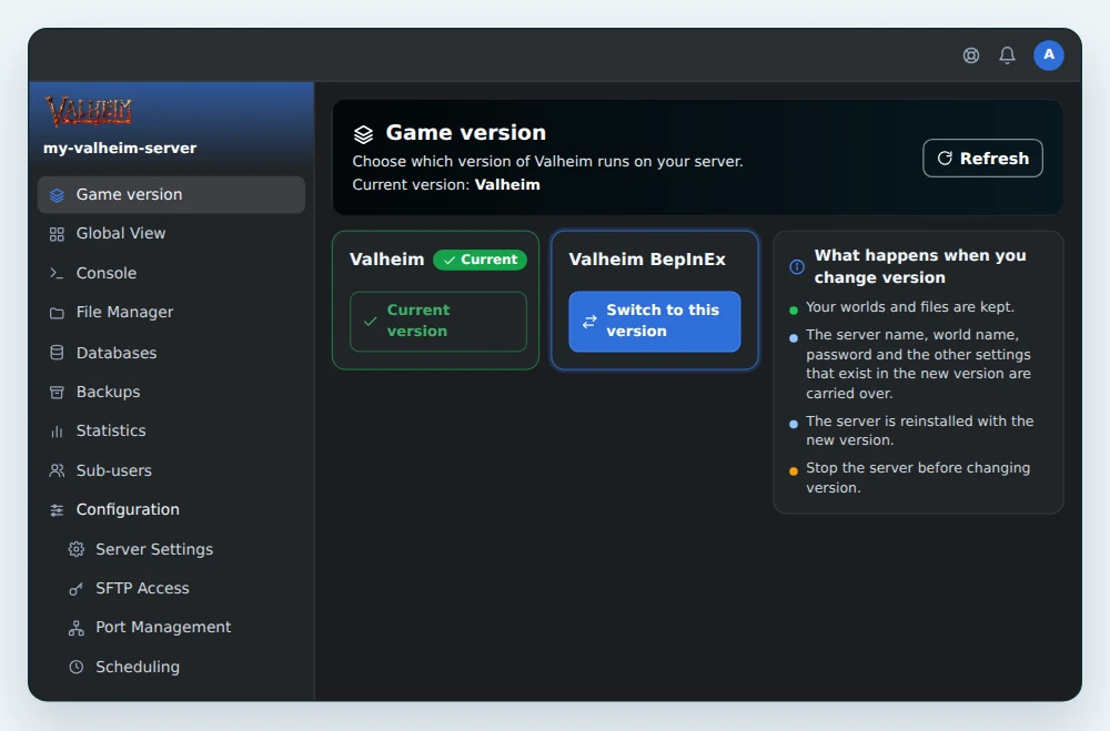 OuiPanel Game version page, with Valheim as the current version and the Switch to this version button on the Valheim BepInEx card