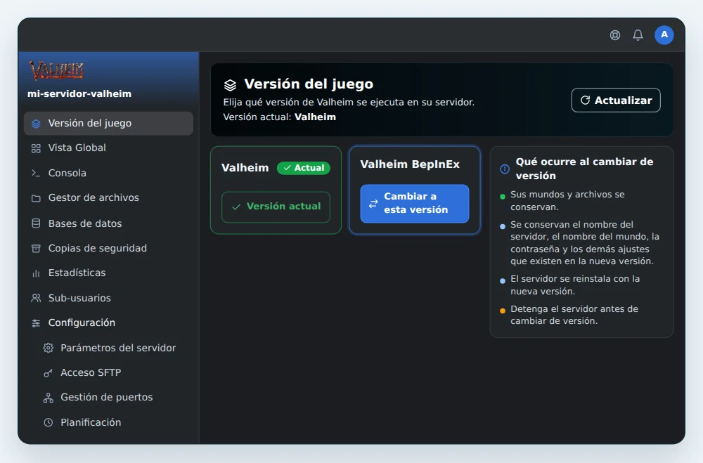 Página Versión del juego de OuiPanel, con Valheim como versión actual y el botón Cambiar a esta versión en la tarjeta Valheim BepInEx