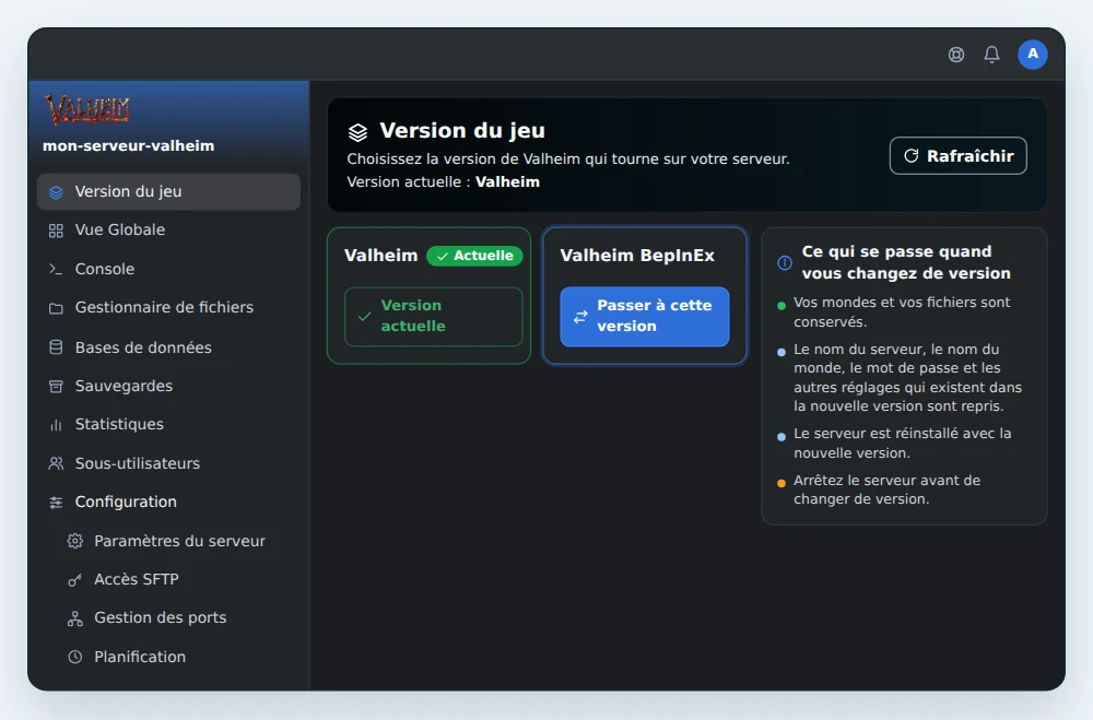Page Version du jeu d'OuiPanel, avec la version actuelle Valheim et le bouton Passer à cette version sur la carte Valheim BepInEx