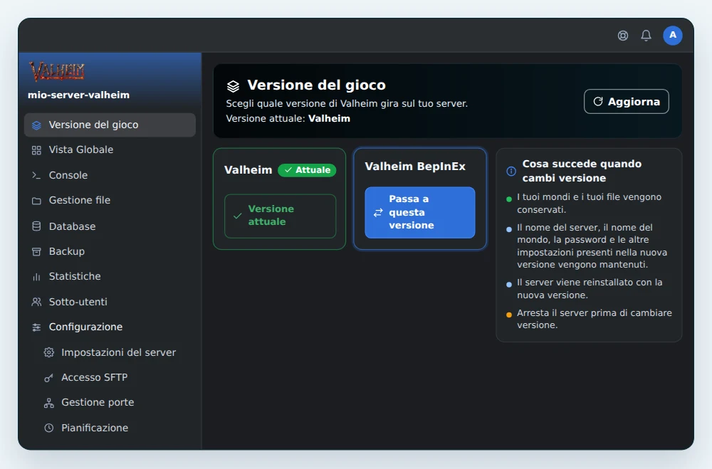 Pagina Versione del gioco di OuiPanel, con Valheim come versione attuale e il pulsante Passa a questa versione sulla scheda Valheim BepInEx