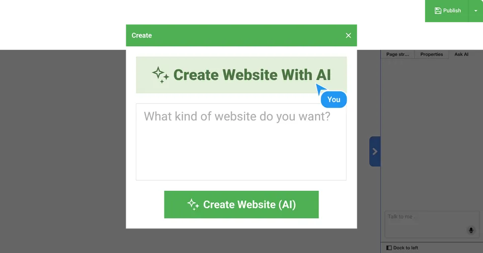 Web Builder editor: AI website creation window