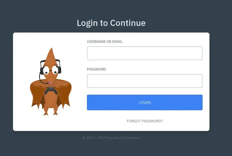 Page de connexion au panel Pterodactyl