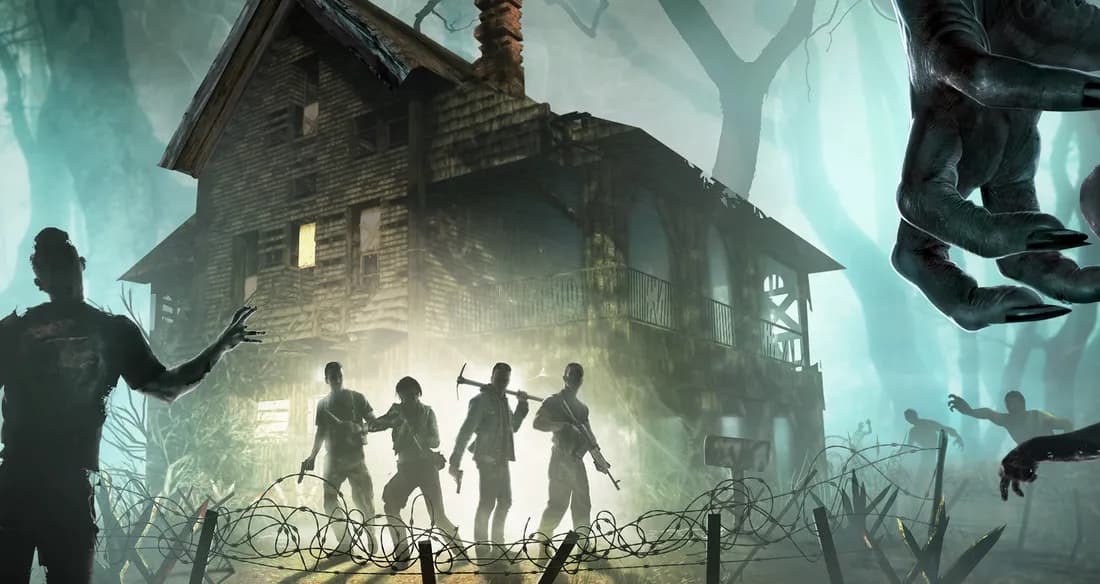 7 Days to Die artwork: four armed survivors in front of a lit house ringed with barbed wire, facing zombies in a misty forest