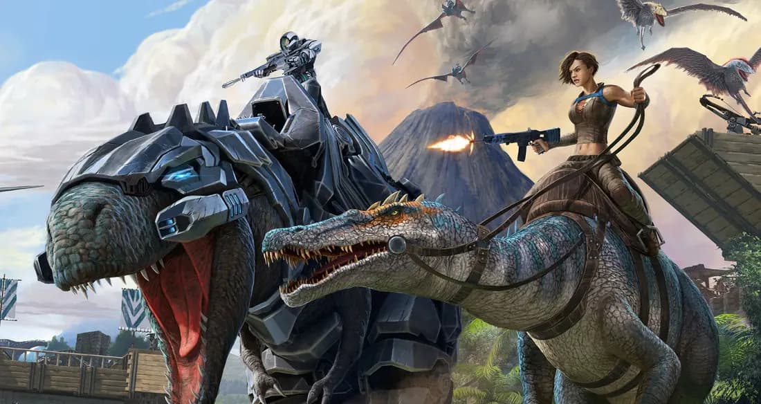 ARK: Survival Evolved survivors riding dinosaurs in front of a volcano