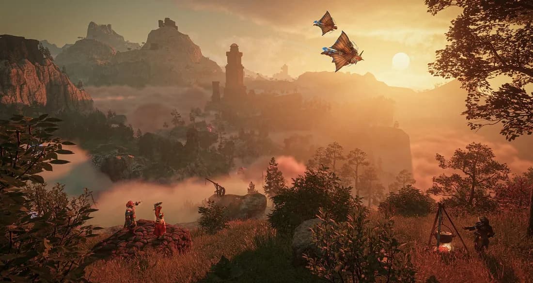 Official Enshrouded artwork: players looking over a valley at sunset, two gliders in the sky