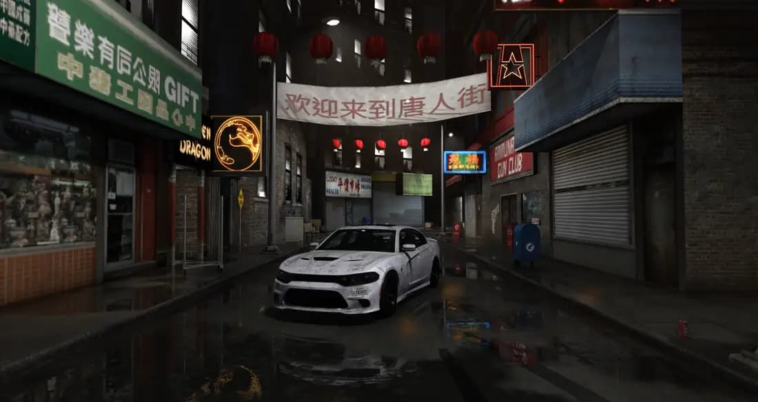 A street at night in GTA V, lit by neon signs in Chinatown