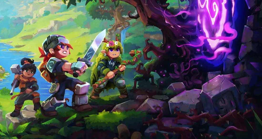 Three Hytale characters holding a sword and a hammer in front of a portal
