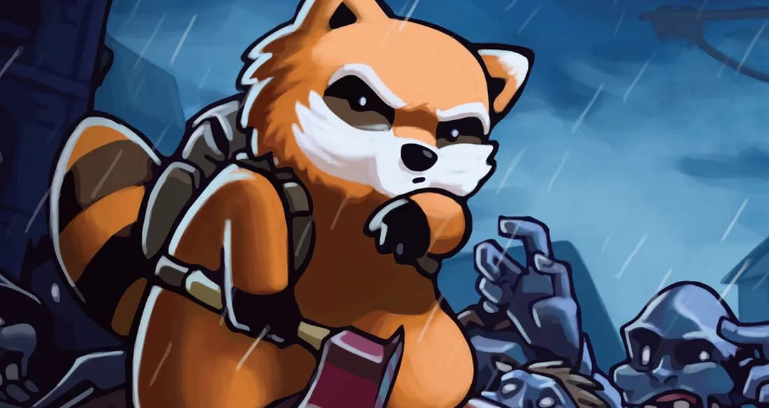 Spiffo, the Project Zomboid mascot, with his backpack in the rain, surrounded by zombies