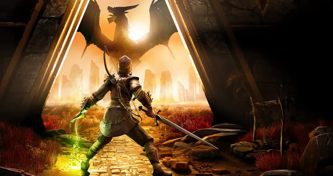 Un aventurero de RuneScape: Dragonwilds ante una puerta de piedra, con un dragón en el cielo