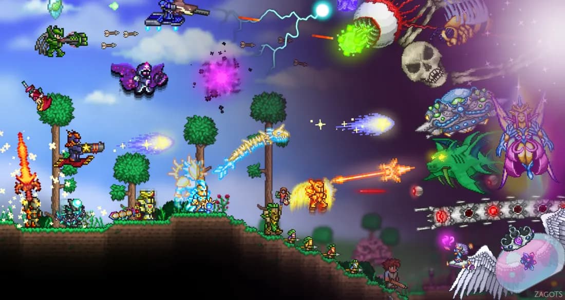 Terraria artwork: armored characters and the game's bosses above a forest