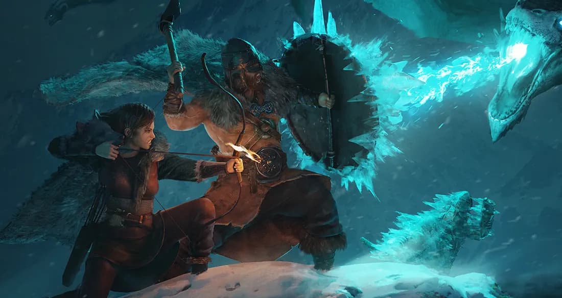 Two Valheim Vikings facing an ice dragon on a snowy rock