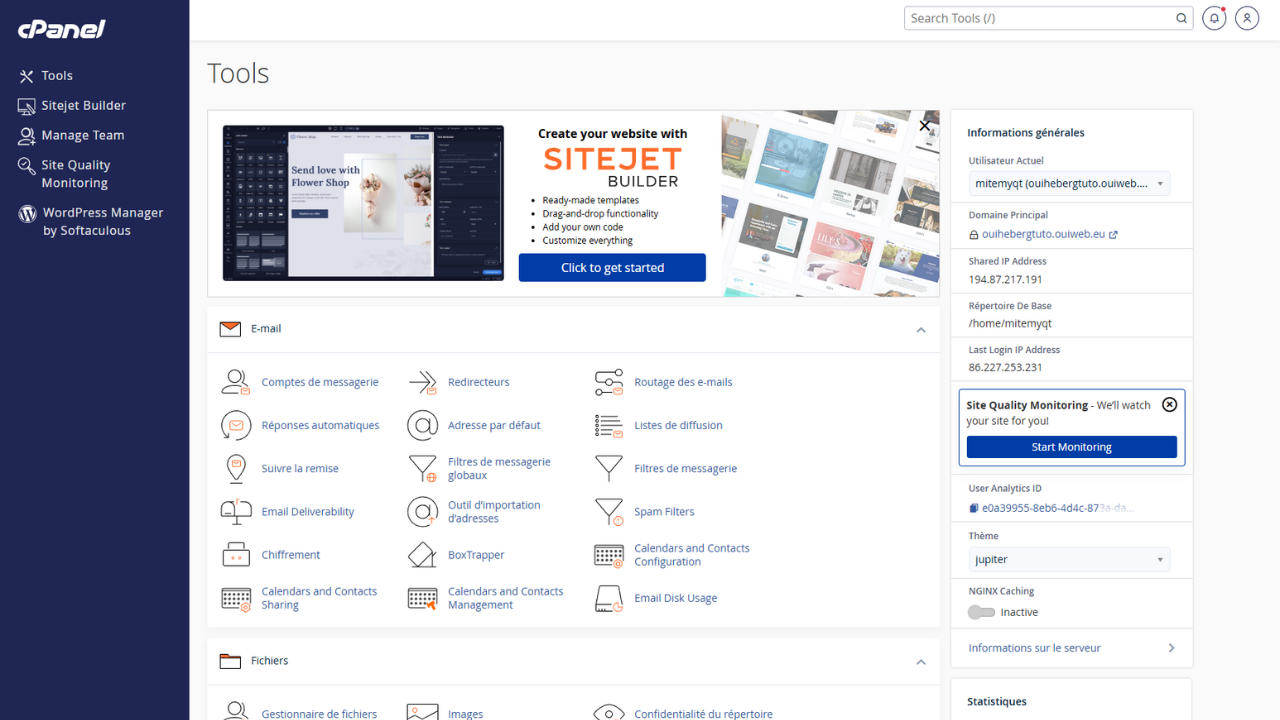 cPanel dashboard